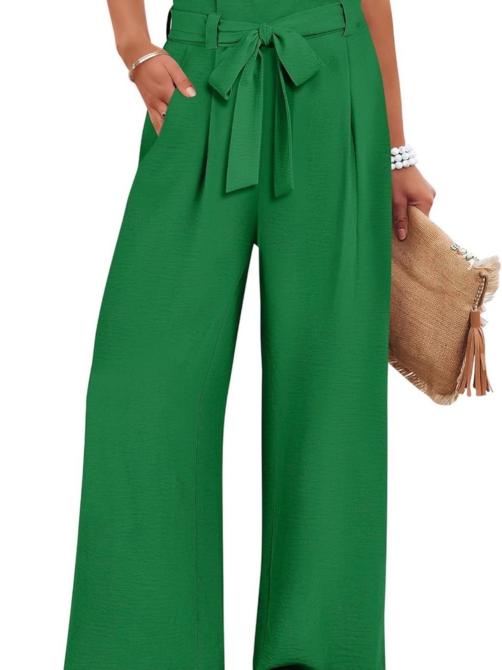 Wide Leg Tie-Waist Pants - Green